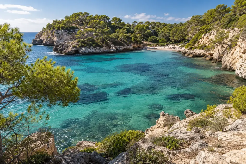 Klare türkisfarbene Bucht zwischen Pinien und hellen Felsen