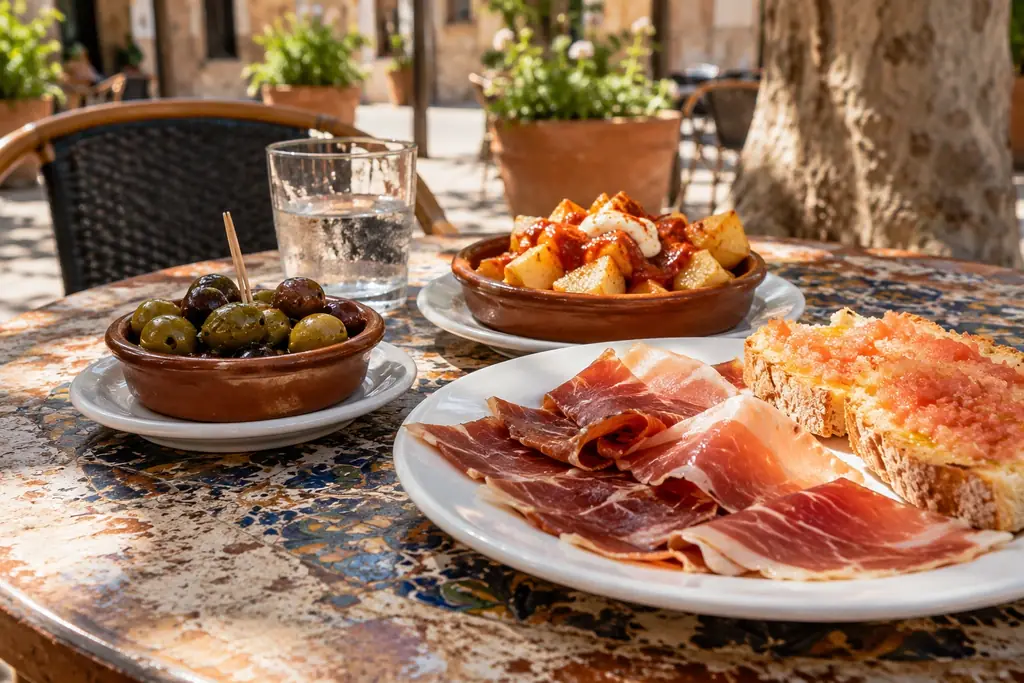 Oliven, Schinken und weitere Tapas auf einem Tisch im Freien